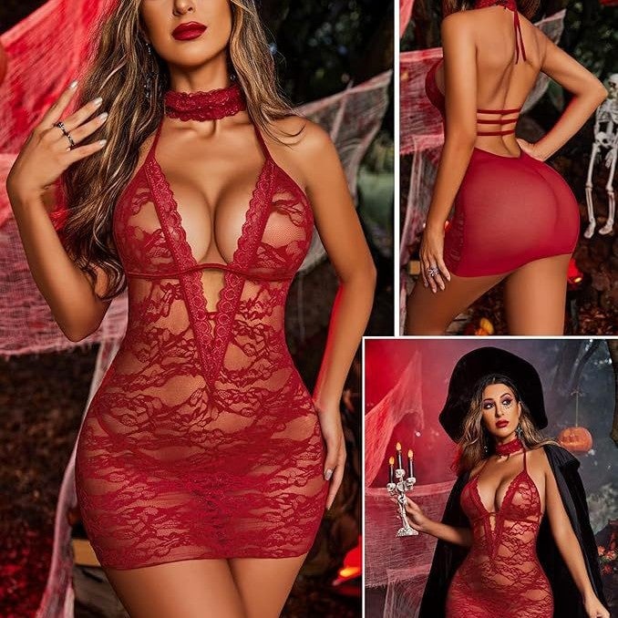ل lingerie نسائي من الدانتيل والشبك مع حمالات عميقة على شكل V وظهر مكشوف - Image 1